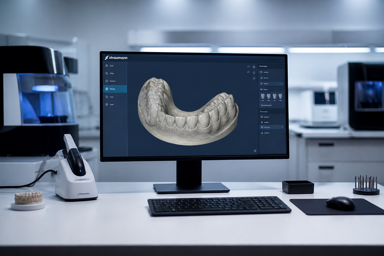CAD workstation displaying a digital dental 3D scan in a modern laboratory