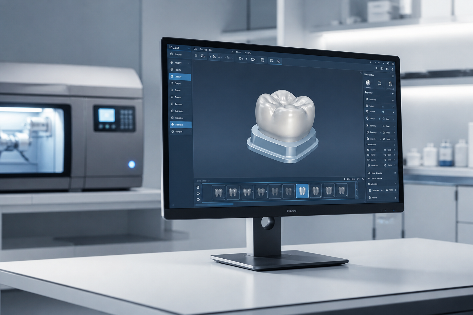 Professional monitor showing CAD design of a dental crown