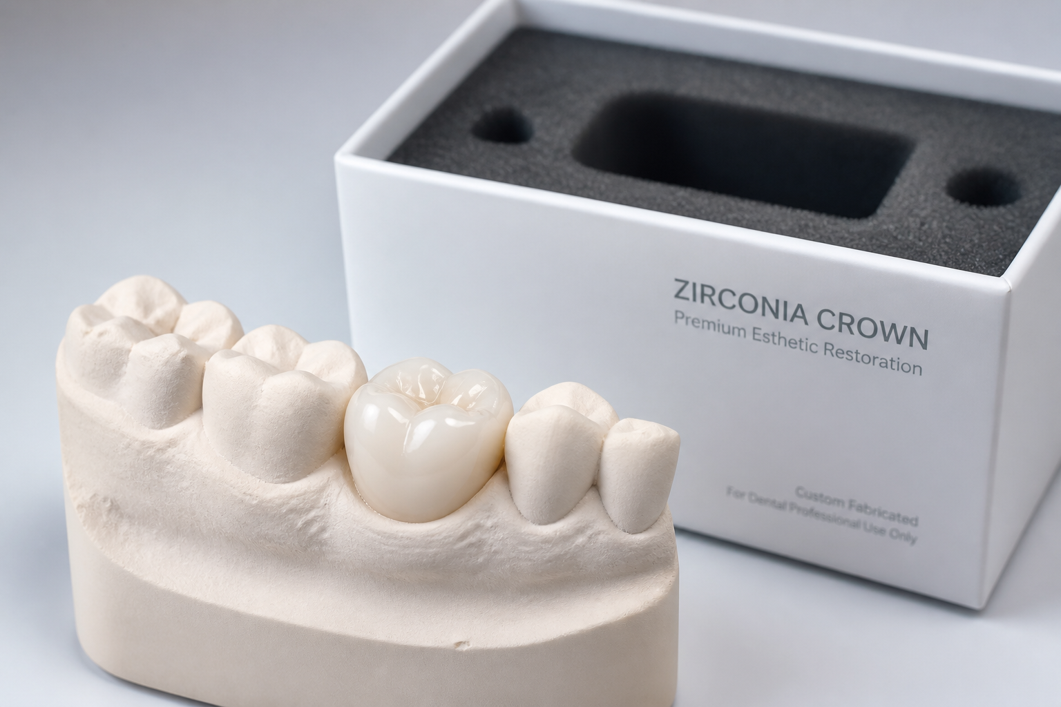 Polished zirconia crown on a dental model with premium packaging ready for clinic delivery